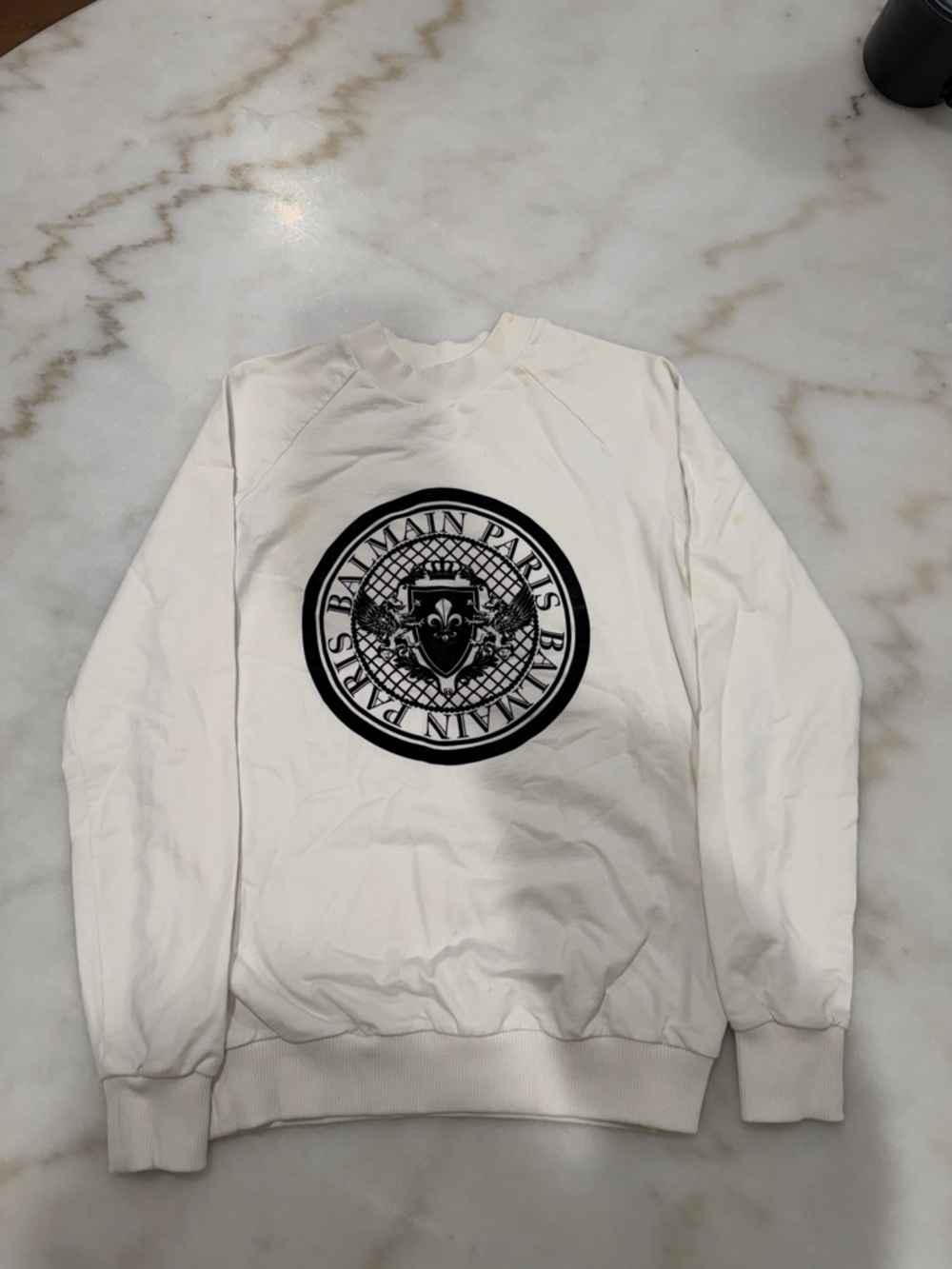 Balmain Cream Crewneck with Black Circular Logo